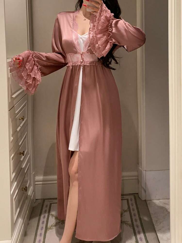 Charming Lace Patchwork Ruffle Hem Waist Cinched Long Women Robe