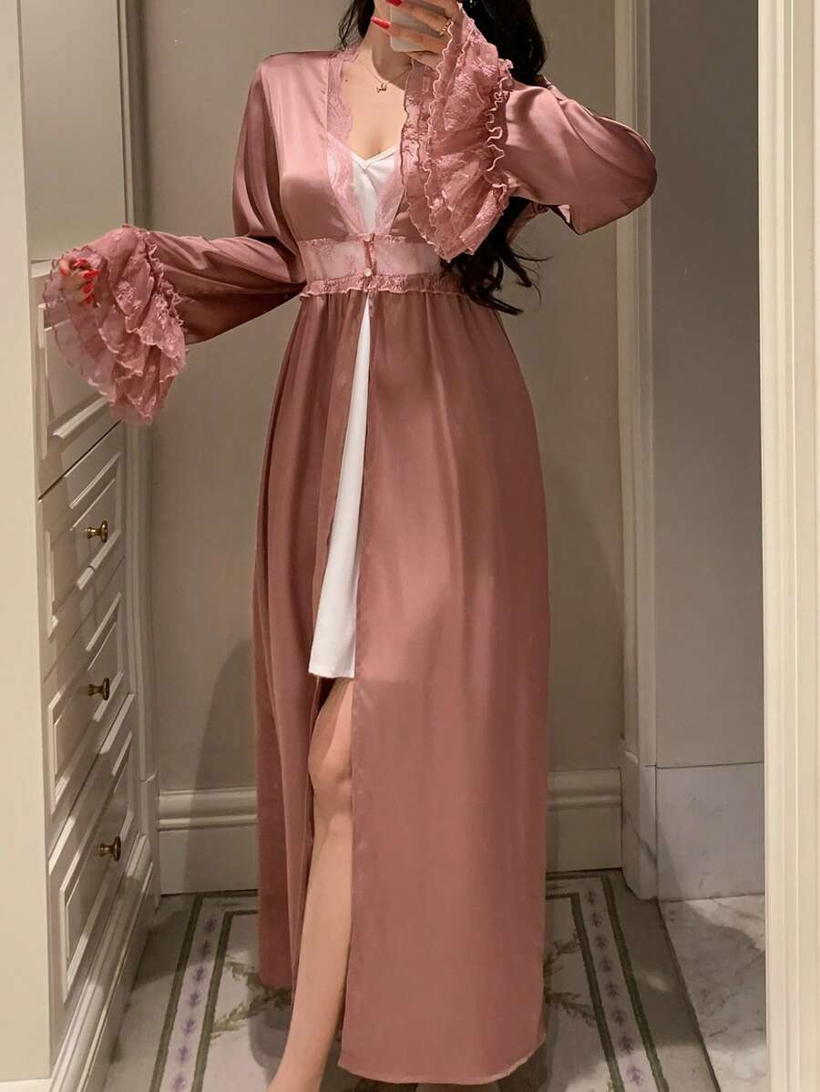 DAZY Charming Lace Patchwork Ruffle Hem Waist Cinched Long Women Robe - Pink - View 1