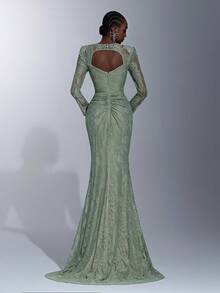 Elitara 优雅灰绿色浪漫弹力3D蕾丝圆领宽肩垫肩薄纱长袖收腰褶皱鱼尾露背连衣裙，适合约会、度假、婚礼、单身派对、商务晚宴及所有正式场合。 - 綠色 - 查看 3