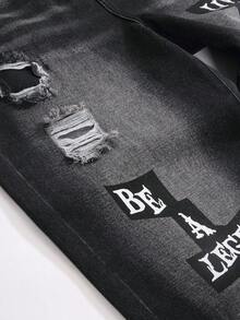 Manfinity EMRG 男士休闲水洗做旧字母印花牛仔裤 - 黑色 - 查看 6