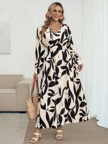 Louniche Đầm dài tay cổ chữ V dành cho nữ, họa tiết hoa Pháp, eo chun, dáng suông, thích hợp cho mùa xuân, thu, hè, mặc hàng ngày, đi làm, lễ hội âm nhạc, tiệc tùng, kỳ nghỉ, đa năng. - Nhiều màu - Xem 2