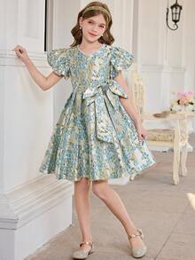 SHEIN Đầm dệt jacquard tay phồng trang trí nơ thanh lịch dành cho bé gái tuổi teen - Màu xanh lam - Xem 4