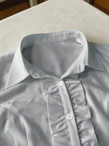 SHEIN 4-Way Stretch Solid Color Front Button Ruffle Hem Casual Women Short Sleeve Blouse - Grey - View 4