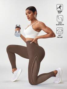 Gameset SHEIN Sport 女士高腰镂空网眼拼接运动瑜伽紧身裤 - 棕色 - 查看 6