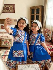 Young Girls Middle Eastern Style Blue Floral Print T-Shirt & Skirt 2-Piece Set With Matching Crossbody Bag,Summer Family Matching Modest Folk Dress - Blue - View 3
