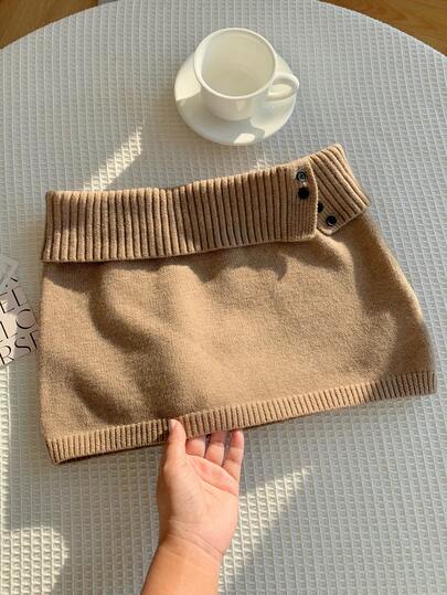 Comfortcana Falda de suéter de punto acanalado de unicolor, versátil y casual, estilo coreano para otoño/invierno