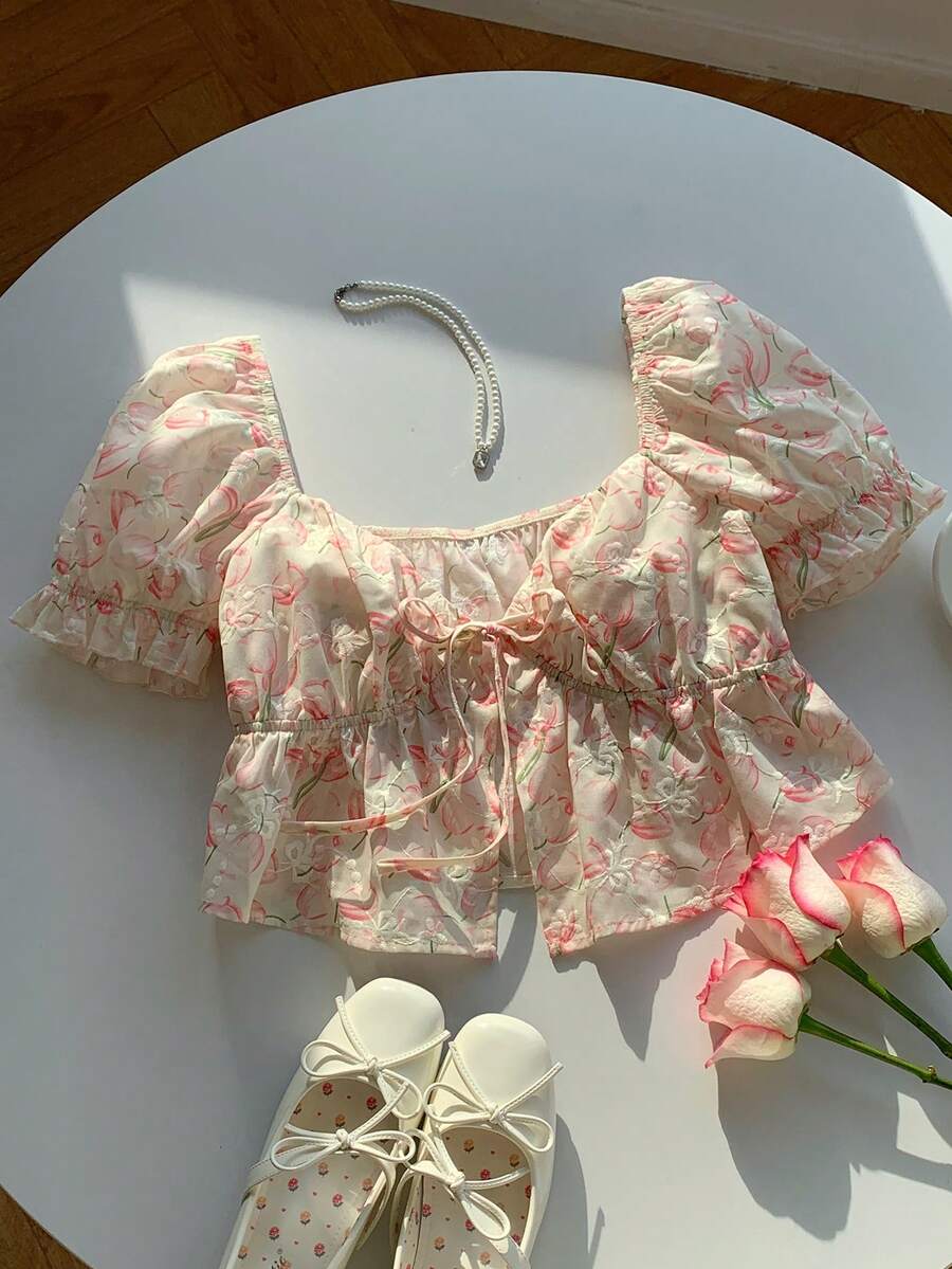 Comfortcana Tricou de vară pentru femei, cu mânecă scurtă, cu imprimeu floral și cravată în față, casual, țesut, pentru femei - Multicolor - Vizualizare 1