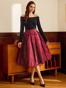 Vintamour 复古经典优雅女士半身裙，修身提花酒红色半身裙，带口袋，秋冬红色半身裙，女士图案半身裙，玫瑰印花中长半身裙，春季女士半身裙 - 酒紅色 - 查看 4