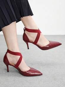CUCCOO BIZCHIC Sapato de salto alto minimalista, de cor sólida, com bico fino, para uso casual ou no escritório. - Borgonha - Ver 4