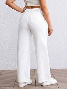 SHEIN EZwear 大码女式春季白色无弹力修身直筒裤 - 白色 - 查看 2