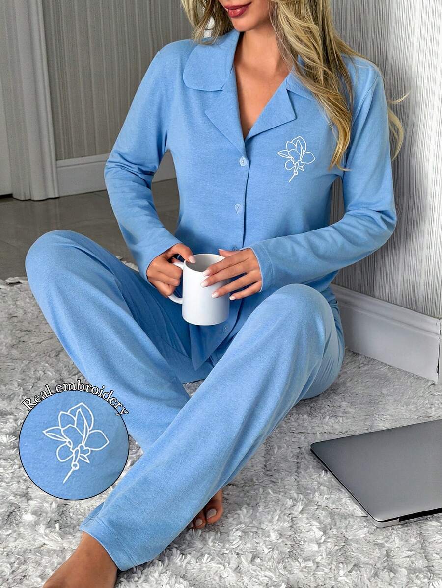 EURMUSE Classic Button Front Embroidered Pajama Set – Soft Long Sleeve Top & Comfy Straight Leg Pants Loungewear - Blue - View 1