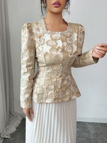 Rafferiza 2pcs Women's Elegant Shiny Metallic Lace Patchwork Pleated Set - Apricot - View 5