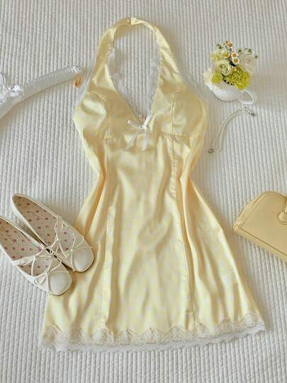 Comfortcana Women's Solid Color Minimalist Halter Mini Dress Happy Valentines Day Yellow Satin White Polka Dot V Neck Lace Trim Waist Cinching Slim Fit A Line Dress Women Spring Summer Vacation Sunshine Comfortable Fashion Date Party Outing Cute Mini Dress Elegant, Vacation, Casual,  Y2k ,Clothes  Sequin  Polka Dot Graphic  Summer  Spring Valentine's Day Valentine Clothes  Carnival Beach  Birthday Party Wedding  Going Out  Outfits For Women   Vacation, Casual,  Y2k ,Clothes  Summer  Spring Valentine's Day Valentine Clothes  Carnival Beach Going Out  Outfits For Women  Summer Holiday Outfits  Vacation Outfits For Women   Summer Vacation Outfits  Casual Women Outfits    Spring To Summer  Summer Outfits   Spring Outfit Women   Spring Break Outfits