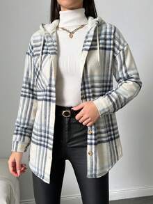 EURMUSE Cotton Ladies' Plaid Drawstring Hooded Regular-Fit Jacket - Blue and White - View 5