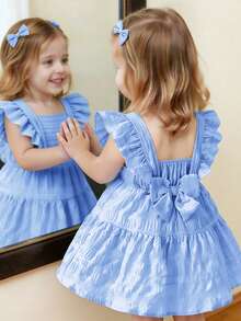 SHEIN Elladie kids 女嬰淺藍色夏季可愛生日純色細肩帶荷葉邊A字版型洋裝，適合外出、日常與海邊玩樂 - 藍色 - 查看 6