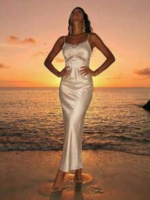 Nevyona Women's Satin & Lace Patchwork Elegant White Dress,Summer Vacation Holiday Cruise Dinner Dress,Mermaid Formal Evening Gown,Casual Party Dress - Apricot - View 2