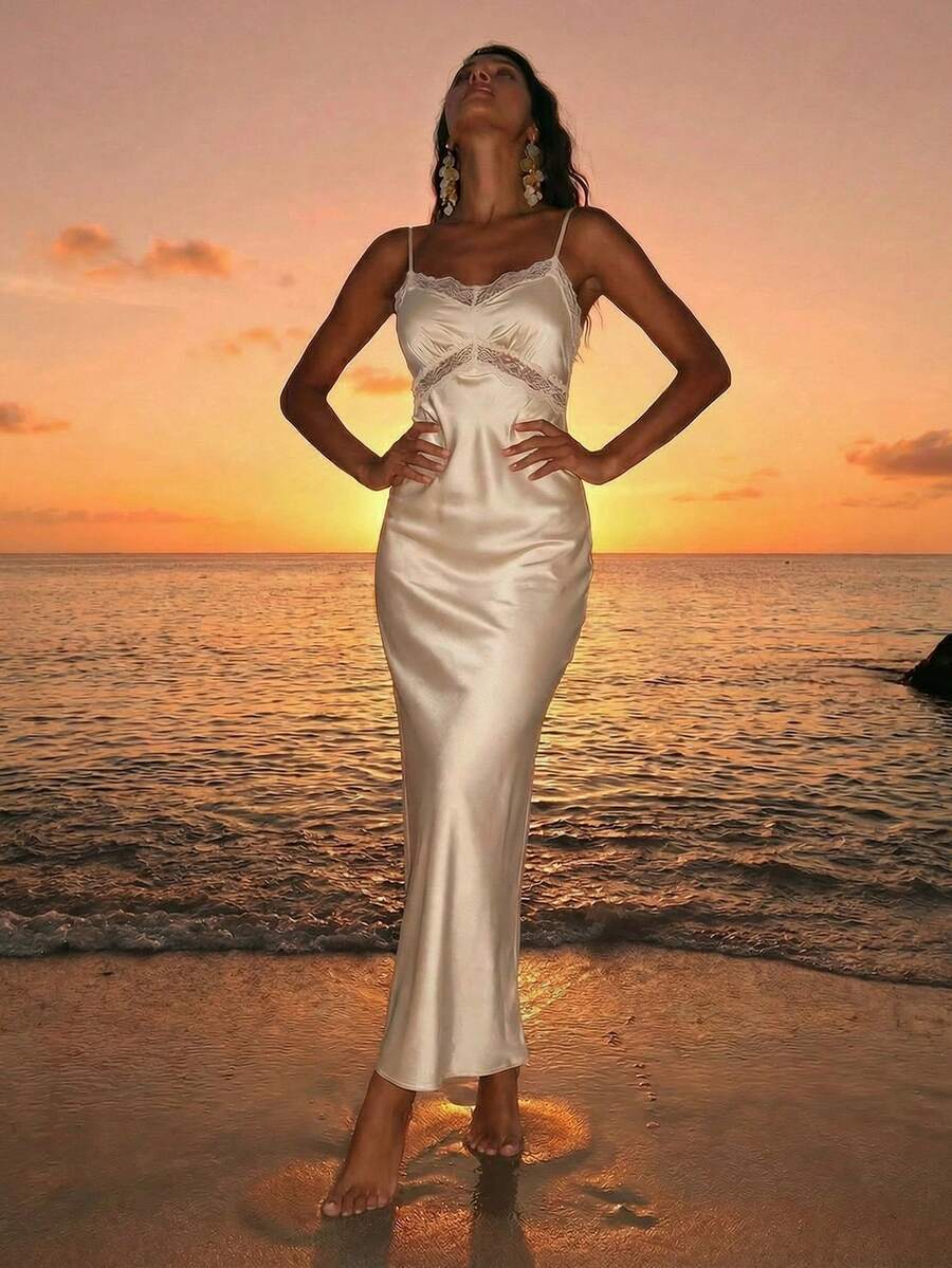 Nevyona Women's Satin & Lace Patchwork Elegant White Dress,Summer Vacation Holiday Cruise Dinner Dress,Mermaid Formal Evening Gown,Casual Party Dress