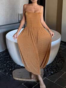 Women's Charming Tie Shoulder Bandeau Waist Jumpsuit Pajamas - Brown - View 7