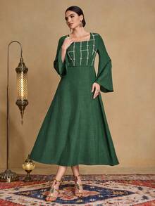SHEIN Najma Fashionable New Heavy Embroidered Modest Arabic Style Dress For Women - Army Green - View 3