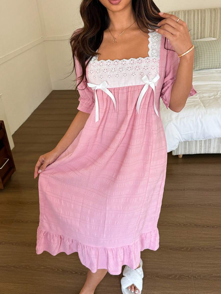 Napfluff 女士宽松短袖睡裙，甜美可爱睡衣，春夏薄款中长连衣裙 - 粉色 - 查看 1