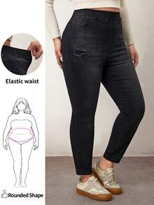 Enliva Plus Size Distressed Slim Fit Washed Denim Jeans/2026 /New Year - Black - View 1