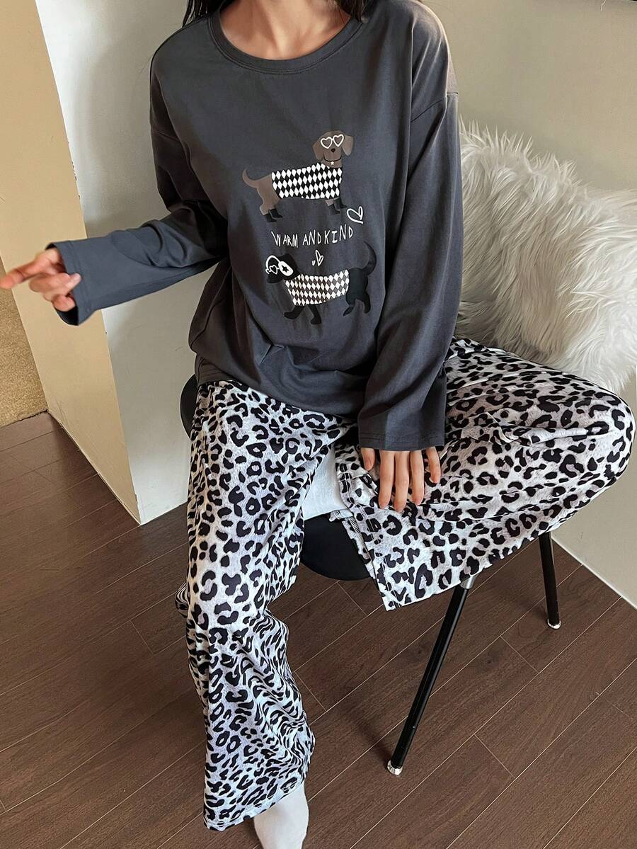 DAZY Happy Dog Print Loose T-Shirt Top & Leopard Allover Print Pajama Pants Women Sleepwear Set - Dark Grey - View 1