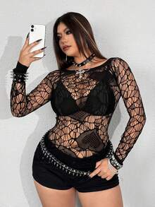 Whyspr Plus Size Women's Sexy Stand Collar Sheer Hollow Out Long Sleeve Fitted Blouse, Spring/Summer/Autumn