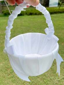 1pc White Petal Basket, Satin Bow Flower Basket, Suitable For Wedding - Multicolor - View 3