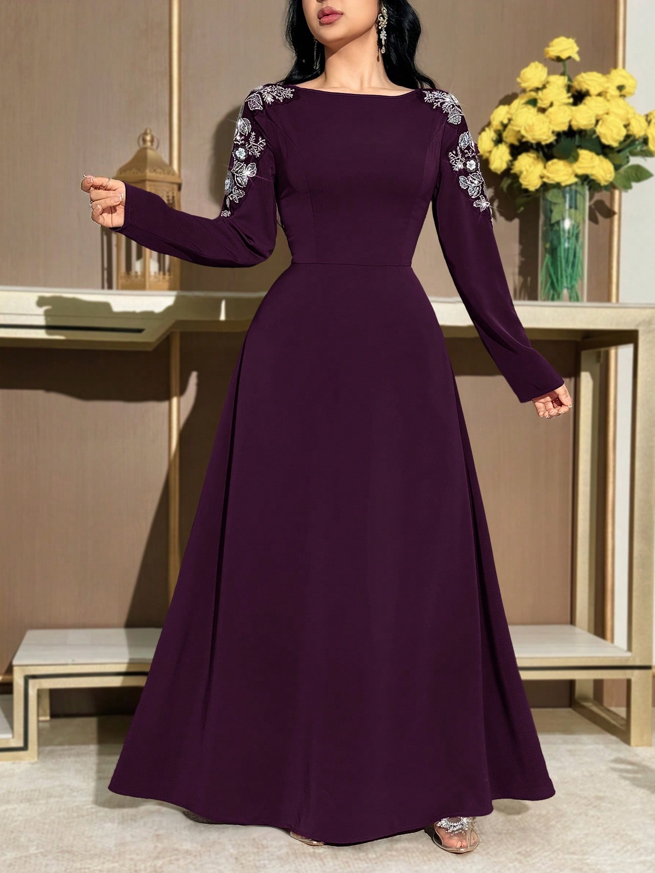 Modelyn فستان أنيق بأكمام طويلة وياقة على شكل حرف...