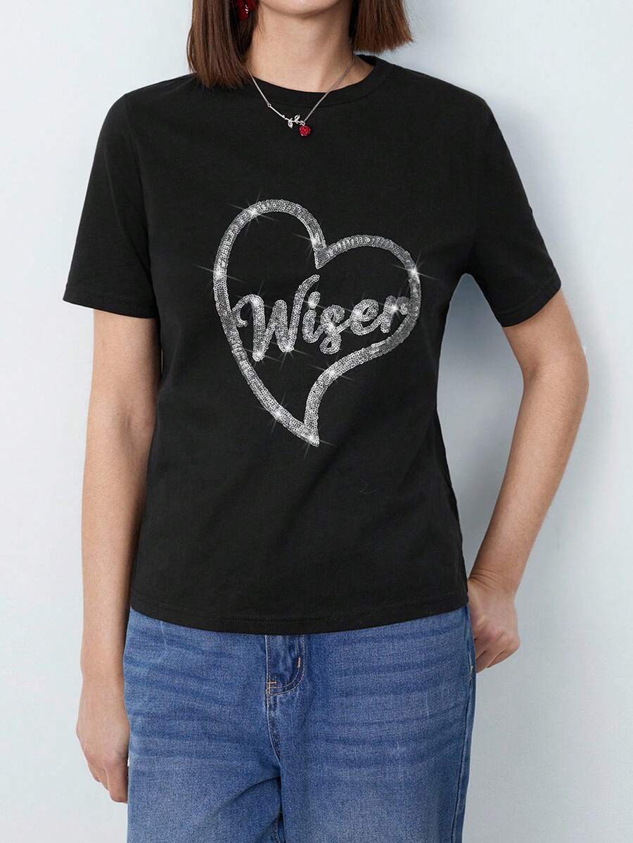 Maija 女士水钻刺绣闪亮爱心图案派对休闲宽松短袖圆领套头T恤，黑色节日款 - 黑色 - 查看 1