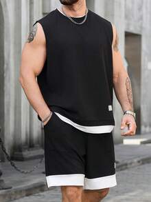 ARLO REED 男士加大码黑色迷你华夫格针织无袖背心和短裤套装 - 黑色 - 查看 4