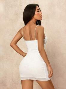 SHEIN PETITE 新款性感蕾丝拼接镂空吊带迷你紧身连衣裙，适合派对约会，夏季女装 - 白色 - 查看 3