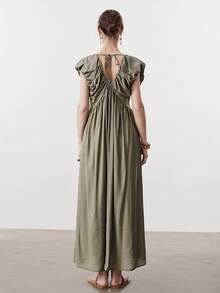 Aalyst Đầm nữ cổ chữ V bằng vải lanh thắt nút tre đơn, cổ áo có lớp lót, đường viền cổ xếp ly, nơ buộc chống tuột, tay áo phồng, dáng chữ A, chân váy xòe rộng, phong cách lãng mạn cổ điển Pháp thanh lịch, thích hợp cho công sở, thường ngày, đi biển, dự tiệc, mùa xuân/hè. - xanh xám - Xem 2