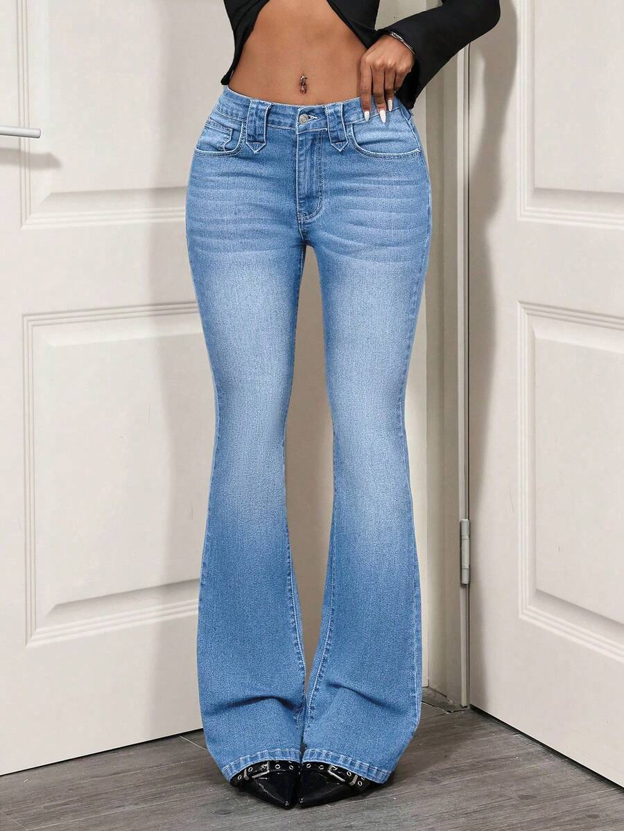 SHEIN Tall Denim Flare de Cintura Baixa Moda Casual Diária de Transporte para Mulheres - Lavagem clara - Visão 1