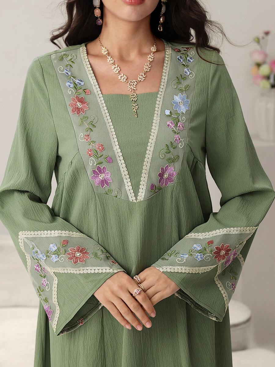 Yasmyna Colorful Embroidered Floral Trim Patchwork Solid Green Long Cardigan