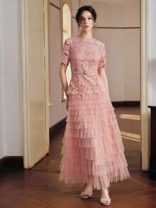 Anewsta New Lightweight Luxury Lace Dress Women, Princess Cake Skirt, Elegant Elegant Cinched Waist Mesh Patchwork Dress, Spring/Summer - Pink - View 4