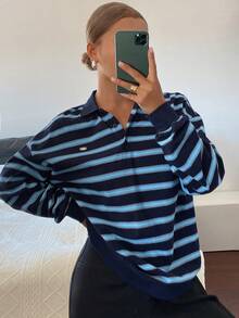 DAZY Women's Loose Fit Contrast Striped Polo Collar Long Sleeve Pullover Casual Top, Spring/Autumn - Blue - View 1