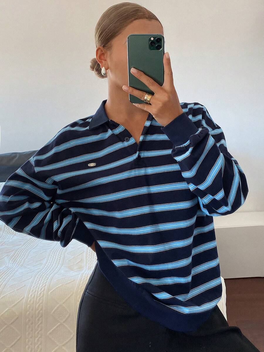 DAZY Women's Loose Fit Contrast Striped Polo Collar Long Sleeve Pullover Casual Top, Spring/Autumn - Blue - View 1