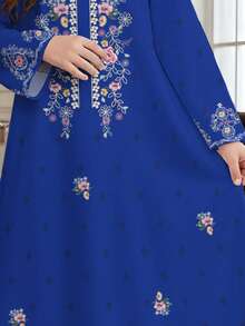 SHEIN 皇家藍優雅 Al-Adha 花卉刺繡 Abaya 長裙，適合青少年女孩，秋季度假婚禮端莊長袖阿拉伯 Kaftan Jalabiya - 彩色 - 查看 5