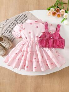 SHEIN 2-Piece Baby Girl Casual Cute Bow Pattern Dress And Single-Breasted Denim Vest Set - Multicolor - View 2