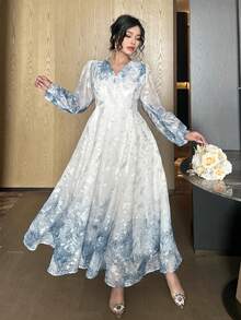 Dazy Plus 大码优雅灯笼袖蕾丝连衣裙，饰有独特的印花图案，收腰设计，裙摆呈喇叭形，适合春夏场合穿着。 - 白色 - 查看 5