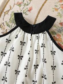 Cozy Pixies 2pcs Baby Girl Bow Decor Camisole And Elastic Waist Pants Set,Cotton Black And White Outfit,Summer Cute Vacation Holiday Resort Wear Clothes - Black and White - View 8