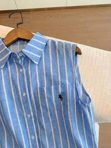 Airaco Women's Knight Embroidery Striped Single-Breasted Pocket Shirt And Shorts Casual 2 Pieces Set - Blue - View 4