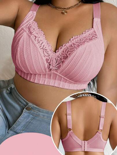 DesireSculpt 1pc Plus Size Lace Patchwork Wireless Bra