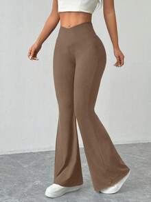 Almamuse 女士纯色不对称腰部休闲喇叭针织裤，秋冬款 - 咖啡棕 - 查看 3