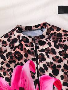 SHEIN Plus Size Girls' Long Sleeve Leopard & Floral Print One-Piece Swimsuit, Casual Vacation