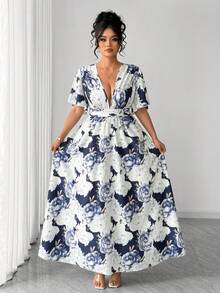 Elenzga Plus Size Women V-Neck Navy Blue & White Floral Print Ruffle Sleeve Summer Elegant Wedding Guest Casual Maxi Wrap Dress For Parties,Graduation,Dates - Navy Blue - View 3