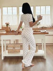 SHEIN Heart Print Contrast Lace Trim Slim Fit Short Sleeve Women Pajama Set - Blue - View 2