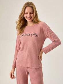 Loomlin 100%Cotton Letter Graphic Drop Shoulder Tee & Pants Lounge Set - Mauve Purple - View 3