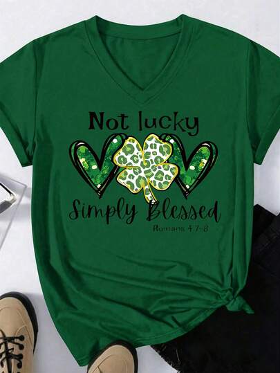 EMERY ROSE Women's Casual Plus Size V-Neck Short Sleeve T-Shirt With Heart & Letter Graphic Women's Graphic Tee With Romans 4:78 Pattern